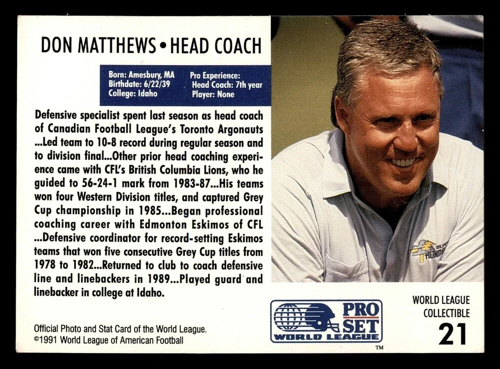 1991 Pro Set WLAF World Bowl Combo #21 Don Matthews Card